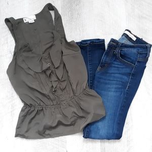 Army green ruffle blouse